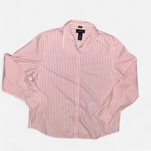 Jones New York Pink striped button-up shirt with a classic collar and long sleev